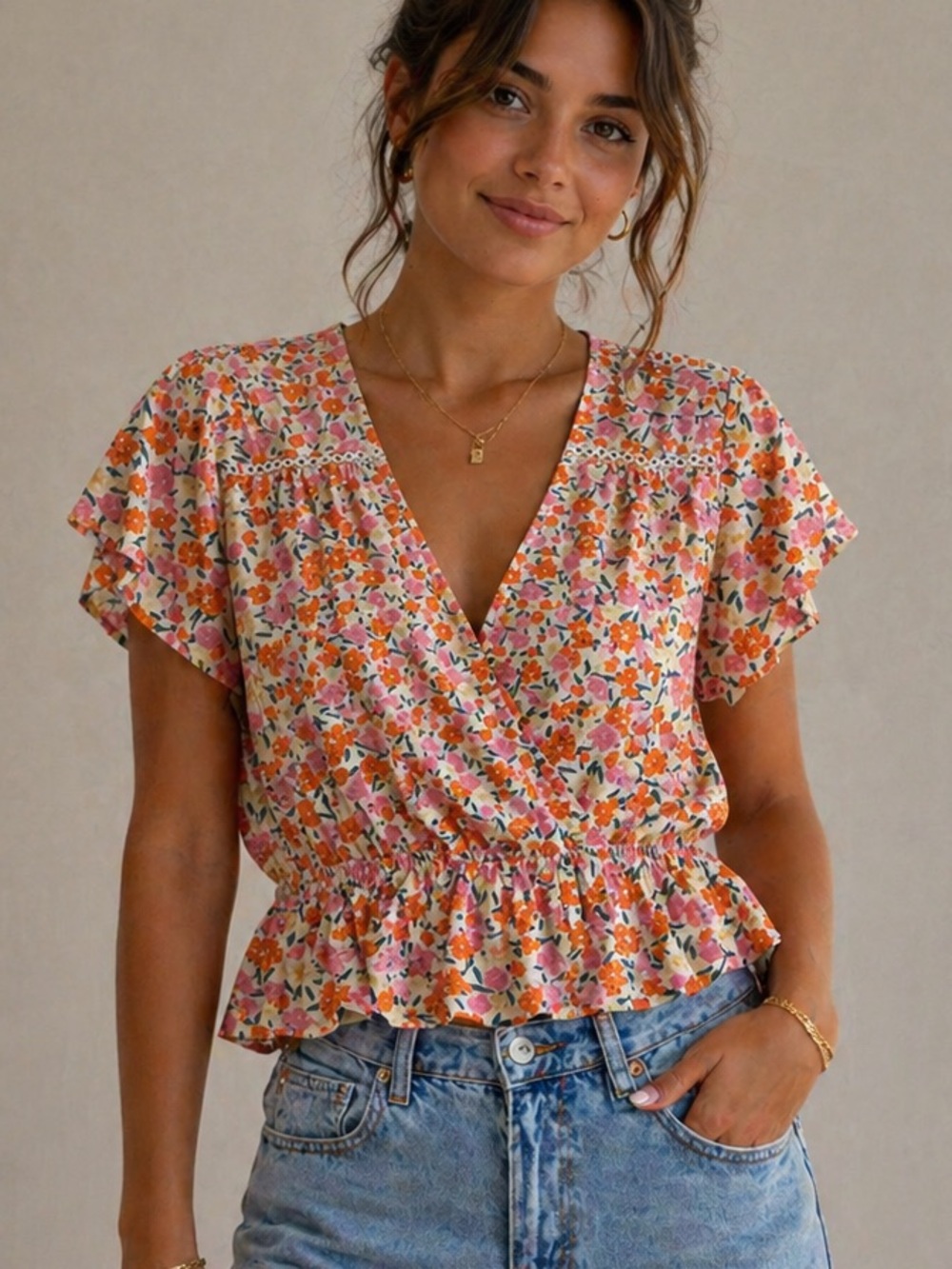 Ava Rose Floral Wrap Peplum Blouse Pink Orange Flutter Sleeve M